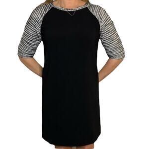Loft Dress Black with Striped Midi-Sleeves Size 2P Stretchy Material